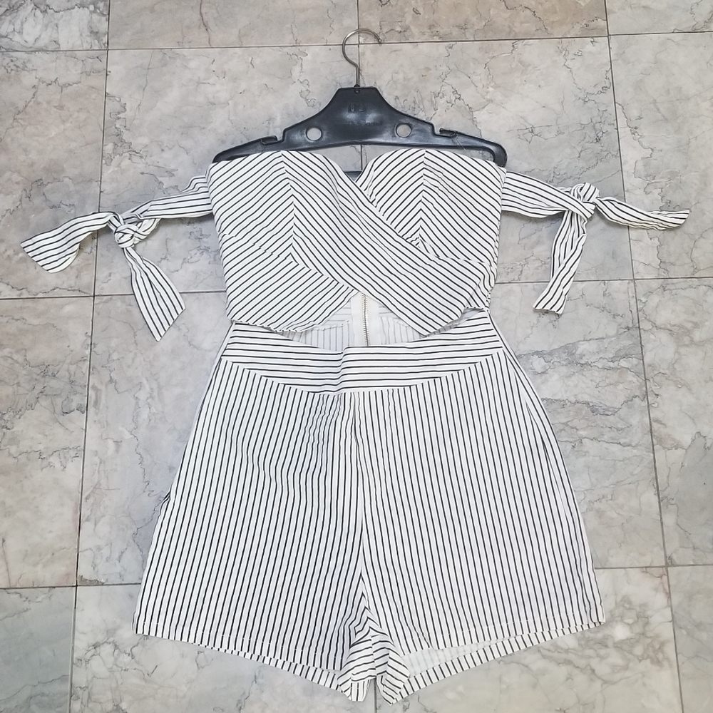 Privy Brand Black and White Pin-Striped Romper